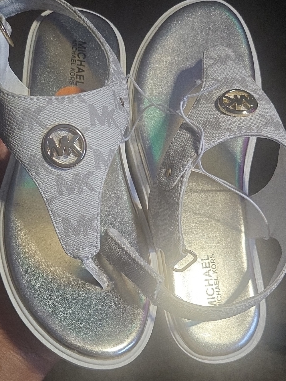 Michael Kors Metallic Silver Logo Thong Sandals -Girls